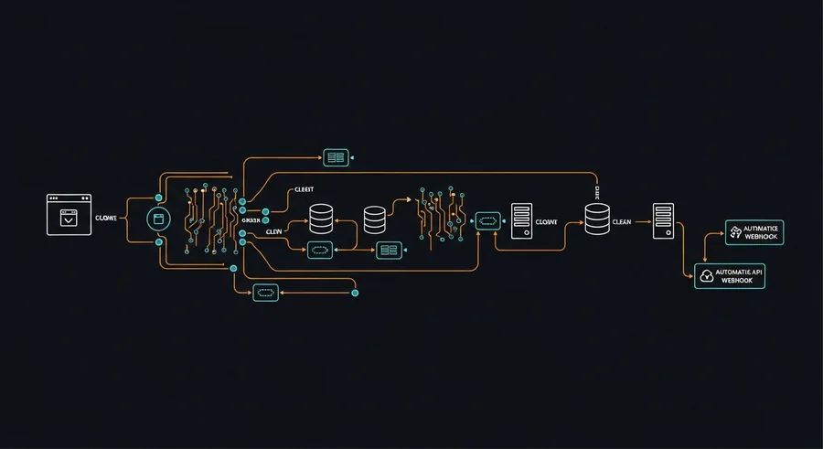AI automation infrastructure system routing diagram - webhook triggers, data pipelines, API nodes and database connections